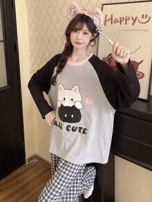 2pcs/Set Women's Spring/Autumn/Winter Cartoon Pajama Set, Casual Sweat-Absorbent Breathable Crew Neck Long Sleeve Long Pants Loungewear - Grey - View 3