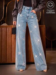 Women's European And American Style Light Blue Star Rhinestone Embellished High Waist Washed Distressed Slimming Long Jeans - Light Wash - View 4