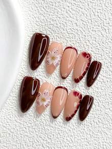 秋季 10 件組獨特風格手工穿戴甲 Polygel 美甲套組，花卉設計、紅棕色指甲油、極簡風，附美甲工具，3 種尺寸可選，杏仁甲、鴨嘴甲、棺材甲，適合派對、舞蹈、日常配戴（手工細節可能有所不同） - 彩色 - 查看 14