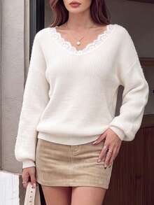 Aflion Women's White Lace V-Neck Cold Shoulder Lantern Sleeve Knit Loose Short Pullover Sweater, Summer/Autumn - White - View 8