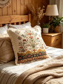 1PC Rural Printed Pillow Cover, Tassel Border, Double-Sided Decorative Pillowcase, Geometric Lace Floral Design Pattern, Home Decoration, Sofa, Bed, Bedroom(Excluding Pillow Core)-Size Excludes 3cm Tassels - Multicolor - View 2