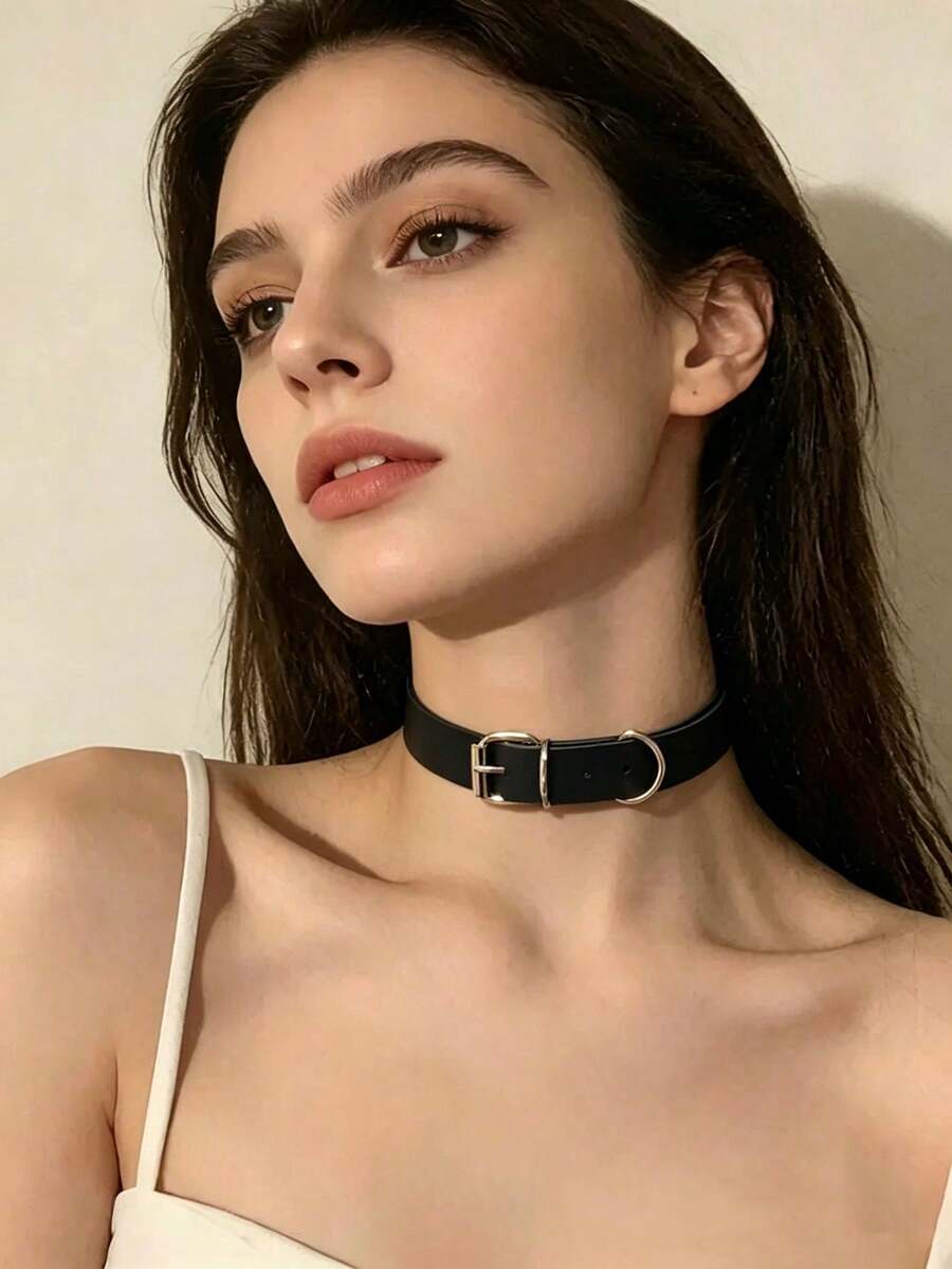 1pc Black PU Leather Y2K Choker Neck Strap For Women Layered Front O-Ring Drop Snap Buckle For Halloween Baddie Party Outfit - Black - View 1