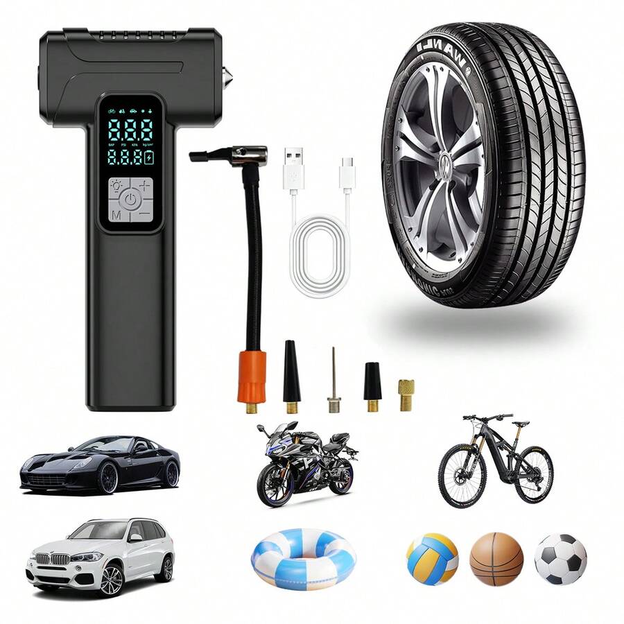 Portable Tire Inflator Air Compressor, Cordless Electric Pump With LED Light, USB Charging, Lithium Battery Portable Design, Suitable For Cars, Bicycles, Sports Equipment - Wireless Handheld