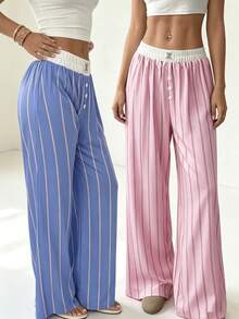 Nina Bonheur 2pcs Women's Striped Elastic Waist Wide Leg Pants Loungewear Set - Multicolor - View 5