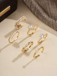 6pcs Copper Gold-Tone Braided Twist Faux Pearl Open Adjustable Rings Set, Fashionable Light Luxury Personalized Design, Exquisite Versatile Finger Rings For Women, Suitable For Daily Wear, Parties, Weddings And Holidays - Gold - View 1