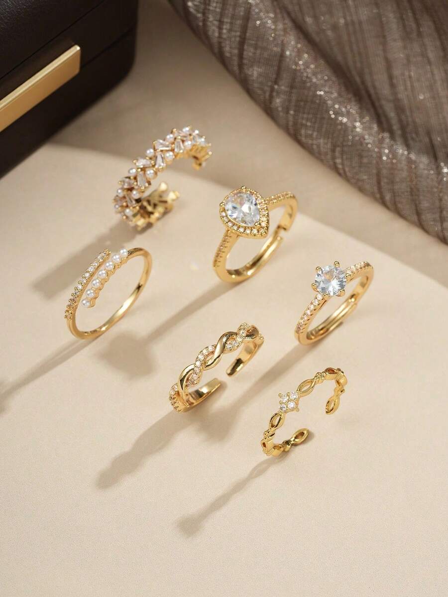 6pcs Copper Gold-Tone Braided Twist Faux Pearl Open Adjustable Rings Set, Fashionable Light Luxury Personalized Design, Exquisite Versatile Finger Rings For Women, Suitable For Daily Wear, Parties, Weddings And Holidays - Gold - View 1