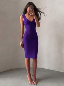 Women's Sexy Elegant Spaghetti Strap V-Neck Bodycon Knee-Length Wrap Dress, Stretch, Purple, Suitable For Evening Party, Cocktail Wedding Fall - Purple - View 10