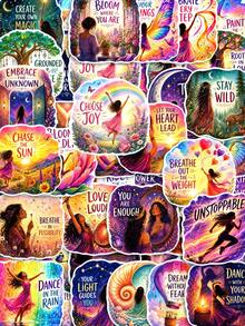 50pcs PP Material She Is Not Defined Stickers, Women Empowerment Inspirational Style, Featuring Rainbow, Flower, Heart, Lighthouse, Butterfly Elements, Suitable For Scrapbooking, Water Bottle, Luggage, Skateboard, Notebook, Storage Box, DIY Craft Decoration - Multicolor - View 3