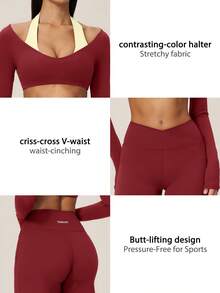 TimeOff Women's One Set Autumn/Winter Colorblock Halter V-Neck 2 In 1 Long Sleeve Cropped Top & Criss-Cross V-Waist Wide Leg Long Pants Yoga Set - Red - View 4