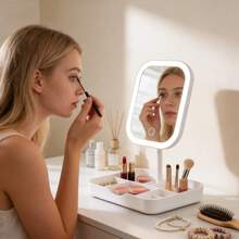 LED Lighted Makeup Mirror With Storage Tray, Touch Control Vanity Mirror, 3 Color Lighting, USB Rechargeable Cosmetic Mirror For Dressing Table - Multicolor - View 2