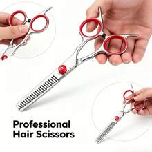 Professional Hair Cutting Scissors, Stainless Steel Hair Shears With Thinning Scissors, Ergonomic Red Handle Design, Precise Hair Styling Tool, Suitable For Salon Styling And Home Haircutting - Red - View 6