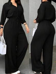 Women's Fashion Luxury Black Jumpsuit, Side Rivet Trim And Strap Details, Woven Fabric, Non-Stretch, Suitable For Casual Wear - Black - View 3