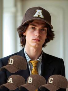 1 Pc A-Z Letter Embroidery Corduroy Dad Hat, Soft Vertical Rib Curved Brim Adjustable Casual Baseball Cap - Brown - View 1