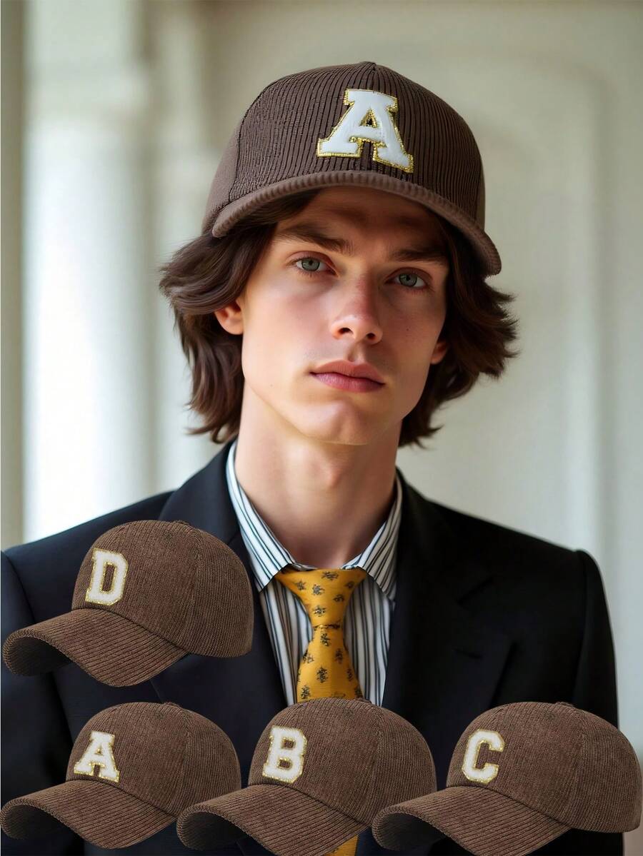 1 Pc A-Z Letter Embroidery Corduroy Dad Hat, Soft Vertical Rib Curved Brim Adjustable Casual Baseball Cap - Brown - View 1