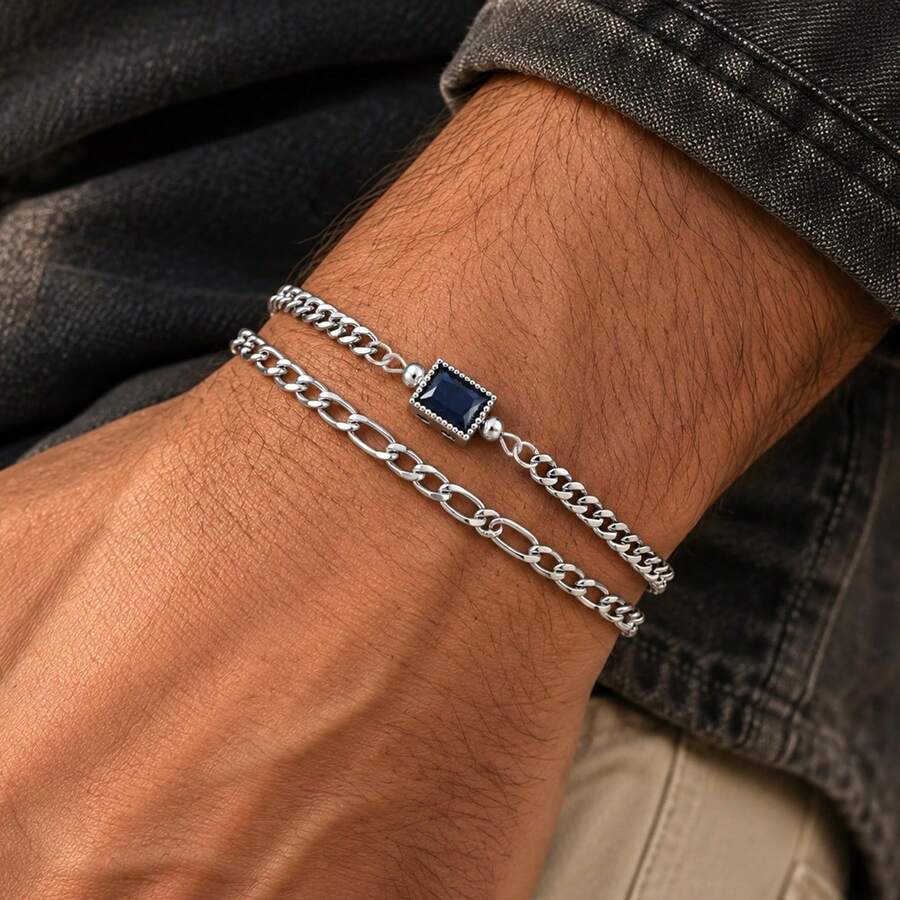 2 قطعة/مجموعة سوار رجالي بتصميم بسيط أنيق من الفولاذ المقاوم للصدأ باللون الذهبي والفضي، سلسلة كوبية وسلسلة فيجارو متعددة الطبقات - إسورة - مشاهدة 1