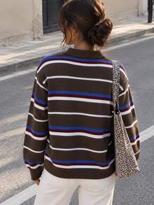 Yuwenier Brown Colorful Striped Polo Collar Knit Sweater Button Front Long Sleeve Loose Casual Pullover Tops For Women Fall Daily Street Outfits - Brown - View 3