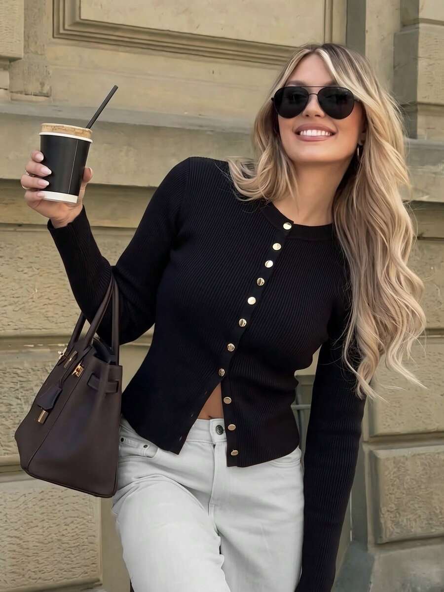 Elegant Women's Long Sleeve Ribbed Cardigan, Lightweight Round Neck Knit Top With Gold Buttons, Perfect For Autumn Layering - Black - View 1