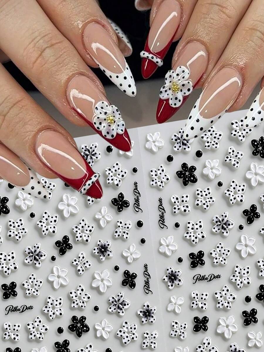 2sheet 3D Polka Dot Flower Nail Stickers, Self-Adhesive Black White Floral Nail Decals, Retro Dot Petal & Small Beads Design, Hot DIY Nail Decor For Spring Summer Party Date For False & Natural Nails - Multicolor - View 1
