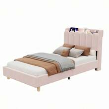 3FT Single Platform Bed Frame 90 X 190, Upholstered Bed With Storage Headboard, Velvet, Light Pink - Light Pink + Velvet + 90cm*190cm - View 9