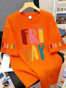 Women's Summer T-Shirt, Printed With Casual English Letters, Pencil And Ruler Patterns, Creative Back To School Design, Spring Break Essential. This Women's Summer Street Style T-Shirt, Loose Short Sleeve Design, Printed With Casual English Letters, Pencil And Ruler Patterns. - Orange - View 1