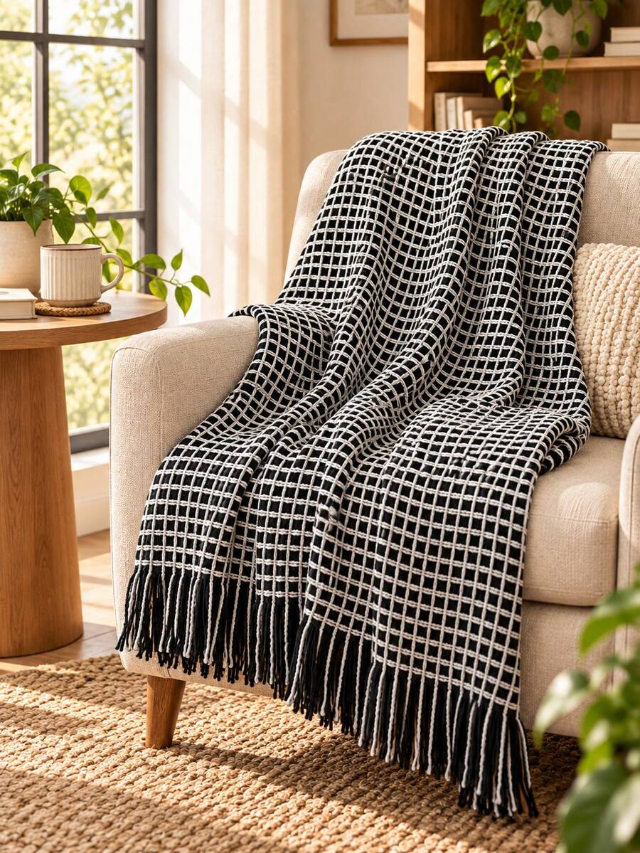 1pc American Vintage Plaid Tassel Throw Blanket, B&B Style Living Room Sofa Decor Photo Prop Blanket - Waffle Black and White - View 1