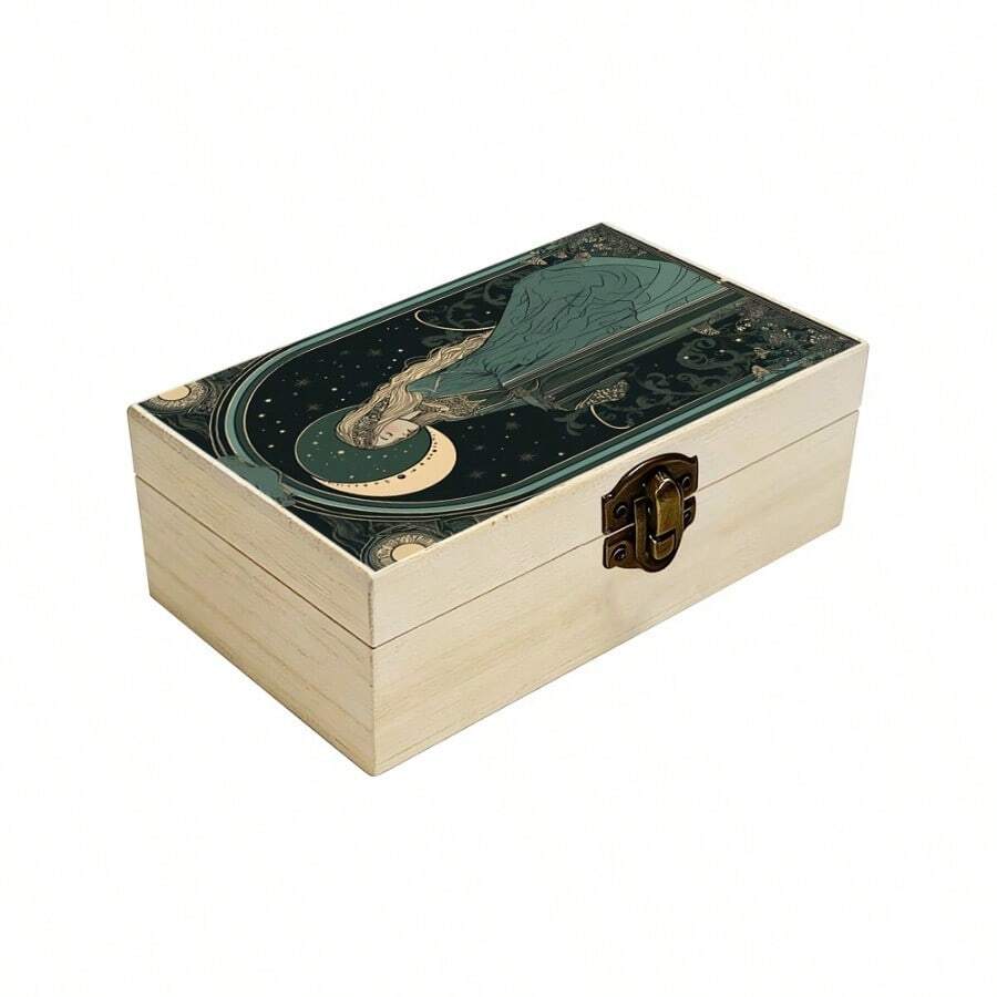 1pc Wooden Storage Box With Moon Goddess Art Nouveau Illustration, Jewelry Organizer Box, Jewelry Collection Keepsake Box, Souvenir Storage, Desktop Organizer, Bohemian Home Decor - Multicolor - View 1