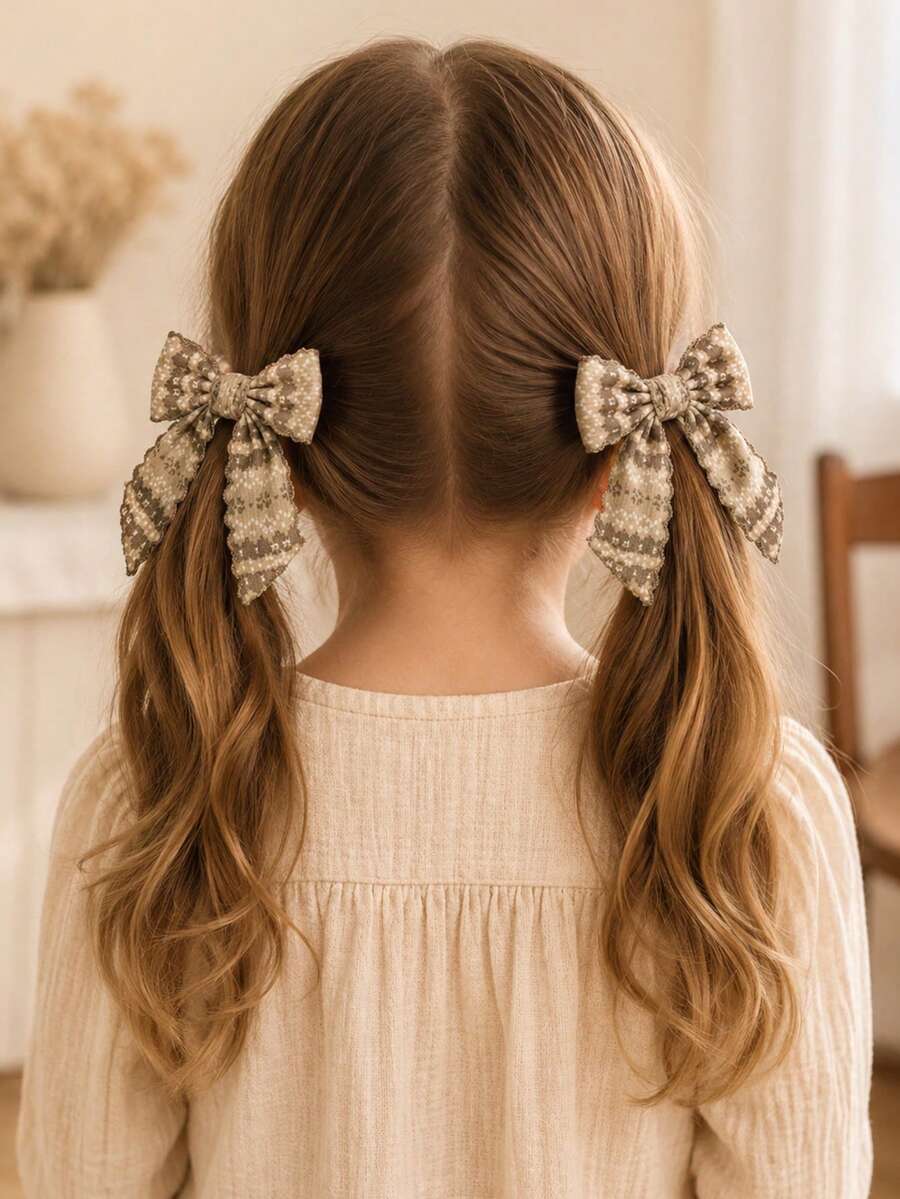2Pcs Fall Winter Retro Floral Print Bows For Girls Long Tassel Grosgrain Ribbon Alligator Clips Cute Party Daily Hair Clips Kids Hair Accessories - Multicolor - View 1