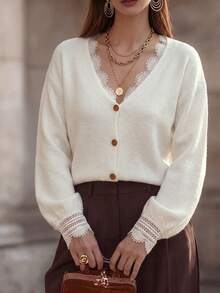 Women's Casual Cute French Style Single-Breasted Contrast Color Lace Long Sleeve Knit Cardigan Top, Autumn/Winter - White - View 5