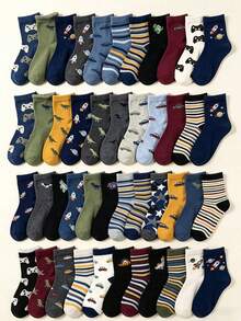 5/10/20 Pairs Random Color Crew Socks, Lovely Cartoon Graphic Children Socks With Planet Dinosaur Designs Soft Socks For Boys Daily Boys All Seasons - Multicolor - View 2