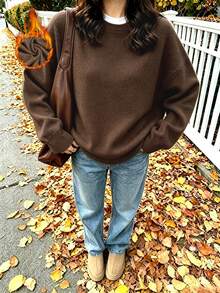 Plus-Size Women's American Retro Brown Crew Neck Pullover Faux Knit Sweater Fall - Brown - View 1