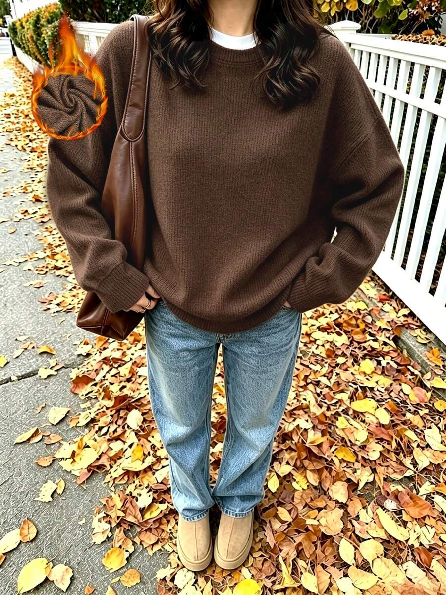 Plus-Size Women's American Retro Brown Crew Neck Pullover Faux Knit Sweater Fall - Brown - View 1