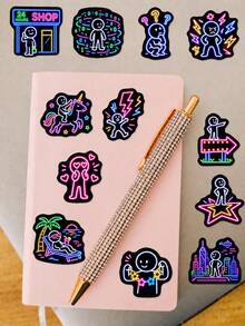 50Pcs Glowing World Of Little People Stickers, Black Background Neon Fluorescent Texture, Fun Patterns Of Glowing Little People, Guitars And Bicycles, For Laptop, Helmet, Pencil Case, Suitcase, Locker, Photo Album, Guitar, E-Bike Shell Decor - Multicolor - View 6
