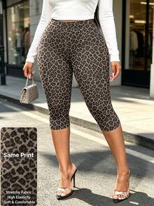 Plus Size Leopard Print Capri Leggings | Mid Waisted Stretchy Tummy Control Slimming Pants For Curvy Women | Fall Daily Wear & Going Out Outfits - Multicolor - View 2