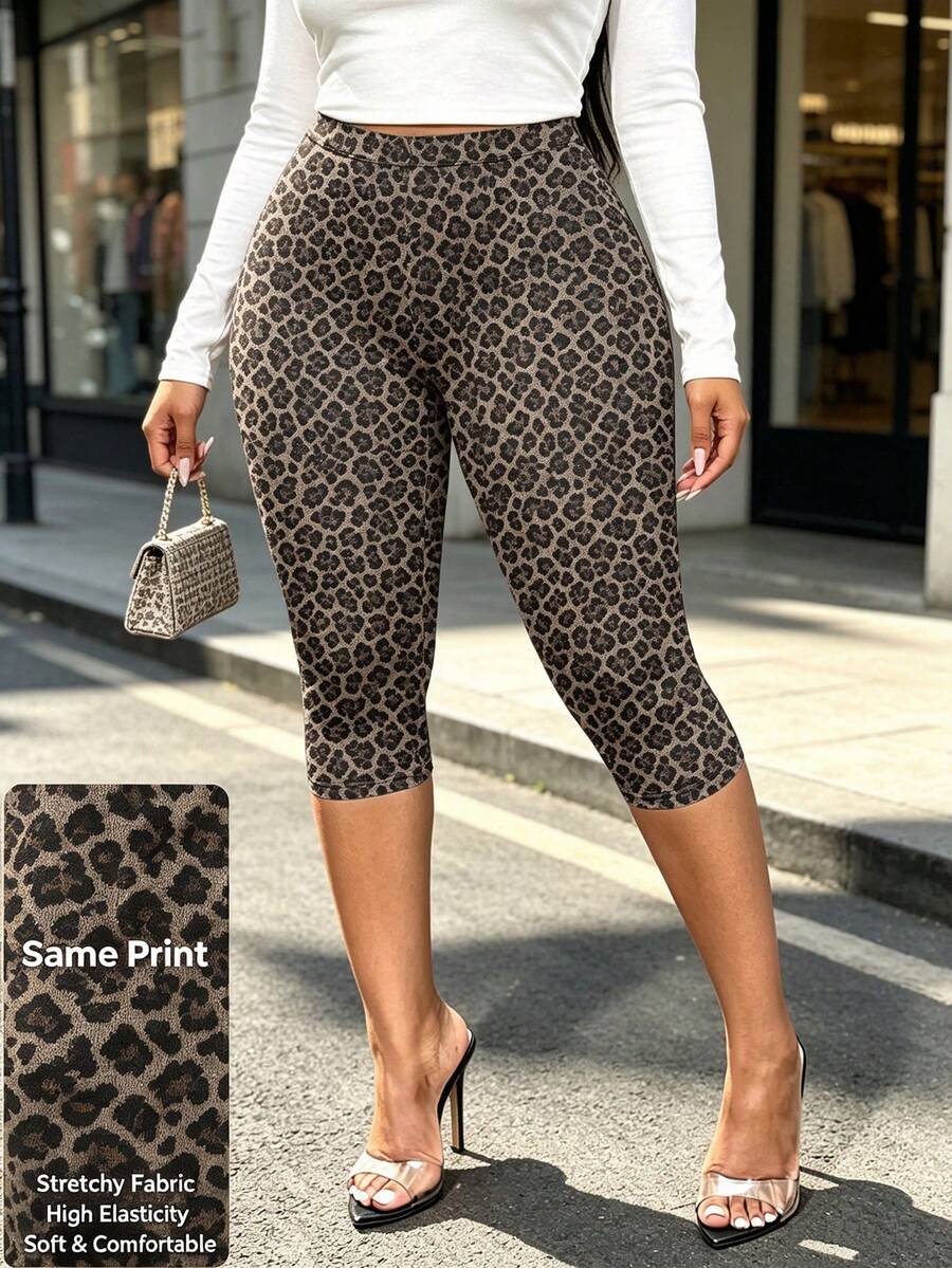 Plus Size Leopard Print Capri Leggings | Mid Waisted Stretchy Tummy Control Slimming Pants For Curvy Women | Fall Daily Wear & Going Out Outfits