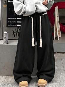 High Street Thick Rope Drawstring Wide Leg Sweatpants For Men, Loose Drape Grey Sports Pants, Casual Long Pants With Belt Loops, Essential For Home Leisure And Outdoor Travel - Black - View 2