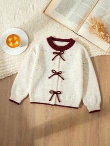 Girls' Colorful Dot Knit Cardigan, Round Neck Long Sleeve Bow Decor Front Button Sweater Jacket, Sweet Contrast Trim Knit Outerwear, Suitable For Autumn/Winter Daily School Wear - Apricot - View 4