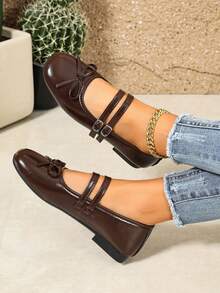 1 Pair Solid Color Elegant Buckle Bow Flat Ballet Shoes, Office Holiday All-Season Double Buckle Shallow Vamp - Brown - View 3