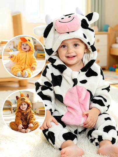 1pc Baby Cartoon Animal Pattern Long Sleeve Zipper Cute Comfortable Outfit, Unisex Baby Clothing, Suitable For Daily Wear And Holiday Gifts