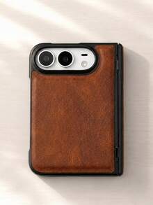 復古復古高級瘋馬皮手機殼，適用於 iPhone Duo Fold，全機身防震保護套，商務風格 - 棕色 - 查看 2