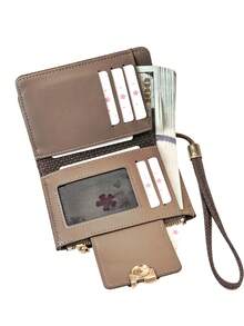 New Vintage Straw Woven Texture PU Leather Women's Short Wallet Wrist Bag Card Holder, Multi-Compartment Snap Design Can Hold Plenty Of Cash & Credit Cards, Lightweight Durable Daily Essential Storage Organizer - Coffee - View 5