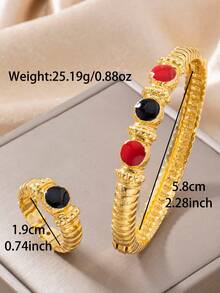 Letingsha 2pcs Luxury Vintage Textured Colorful Enamel Gold-Plated Bracelet And Ring, Suitable For Women's Daily Wear, Wedding, Party And Holiday Gift - Multicolor - View 7