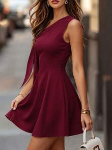 DONICY Women's Elegant White Asymmetric Neck Dress With Draped Sleeve Design, A-Line, Short Length, Casual Elegant Style, Suitable For Parties - Burgundy - View 8