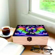 1pc Handmade Bat Theme Art Storage Box With Lockable Lid - Wooden Multifunctional Jewelry Box, Bat Pattern Decoration, Suitable For Office Desk, Vanity, Can Be Used As Bat Display Or Gift, 2D Flat Design - Multicolor - View 4