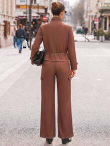 Women's Autumn New Utility Stand Collar Crop Top & Wide Leg Pants 2 Pieces Set, Cinched Cinched Waist Top With 3D Utility Pockets, Suitable For Commuting, Shopping, Dating, Teacher Wear - Brown - View 4
