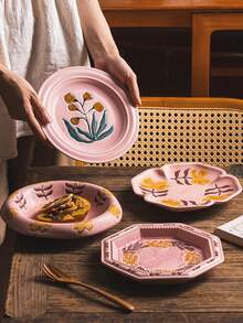 DearDali 1pc Vintage Kiln-Fired Ceramic Plate, Pink Glazed Hand-Painted Floral Design, Dish, Soup Bowl, Dessert Plate, Fruit Plate, Salad Plate, Breakfast Plate, Home Dining Table Decor, Suitable For Restaurant, Dinner, Party Gathering - Multicolor - View 1