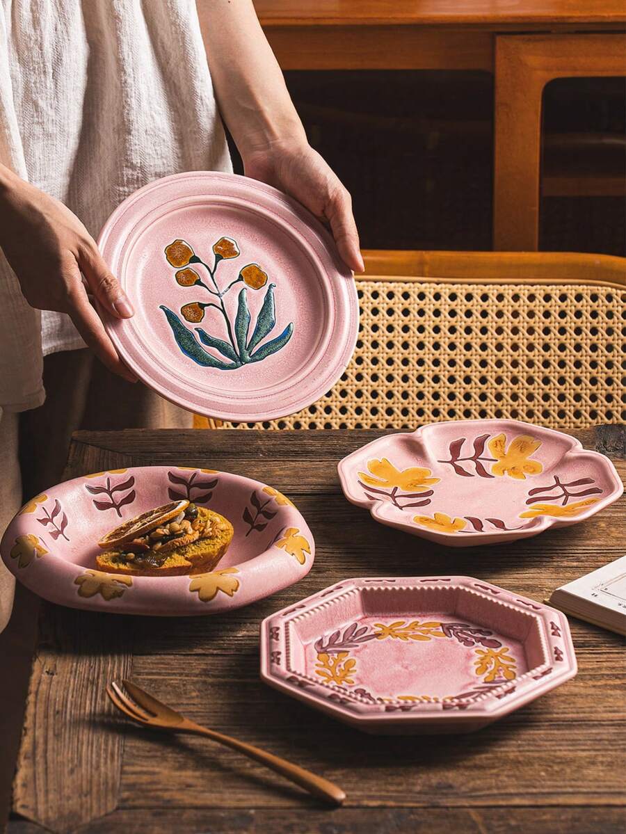 DearDali 1pc Vintage Kiln-Fired Ceramic Plate, Pink Glazed Hand-Painted Floral Design, Dish, Soup Bowl, Dessert Plate, Fruit Plate, Salad Plate, Breakfast Plate, Home Dining Table Decor, Suitable For Restaurant, Dinner, Party Gathering - Multicolor - View 1