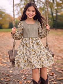 Girls Autumn Bohemian Style Square Neck Long Sleeve A-Line Floral Dress, Doll Dress For Back To School, Party, Autumn Outing, Fashion Item - Multicolor - View 1