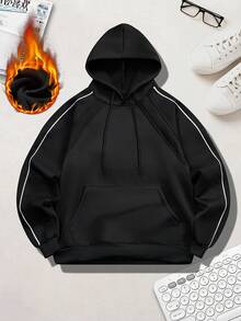Men's Colorblock Trim Long Sleeve Hoodie With Fleece Lining, Casual Daily Commute Streetwear INS Style - Black - View 6