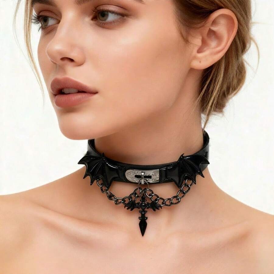 1pc Dark Gothic Punk Girl Choker, Leather Necklace, Sweet Cool Cross Butterfly Wings Collarbone Chain, Halloween - Black - View 1