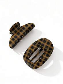1pc Women's Vintage Color-Block Plaid Curved Large Hair Claw Clip Hair Accessory, Versatile For Daily/Date/Commute - Multicolor - View 1
